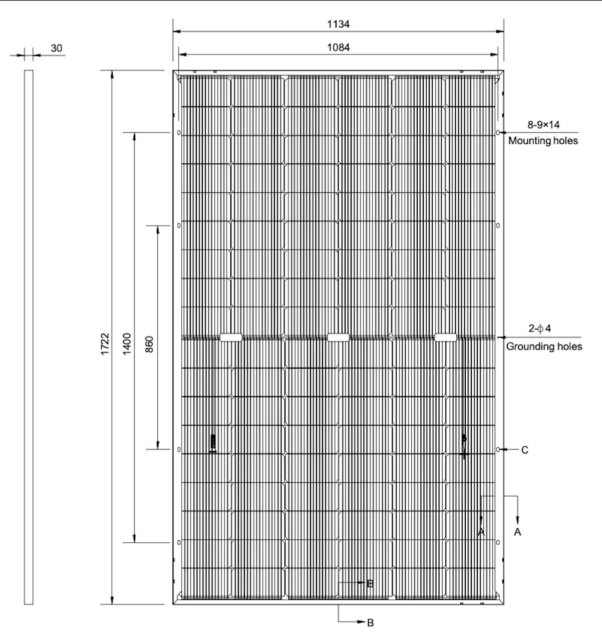 Illustration du panneau solaire TOPCON 425W avec mesures en millimètres, dimensions pour une installation précise.