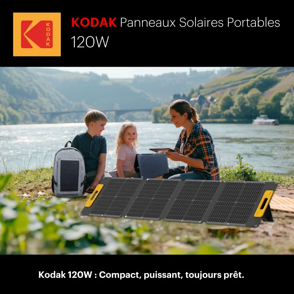 Mère et ses deux enfants assis près du lac avec leurs appareils, à côté du panneau solaire portable Kodak 120W.