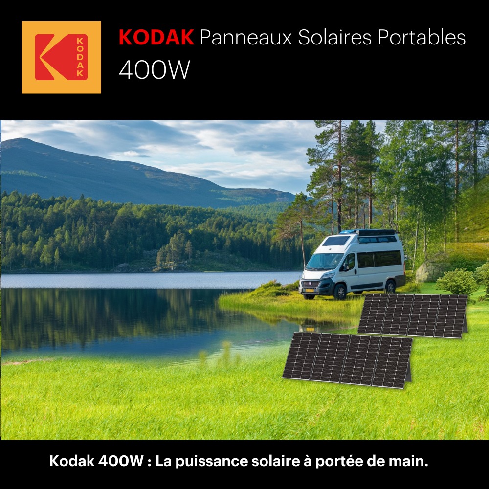 Fourgon aménagé garé près d'un lac et des montagnes, avec deux panneaux solaires portables Kodak 400W placés au bord du lac.