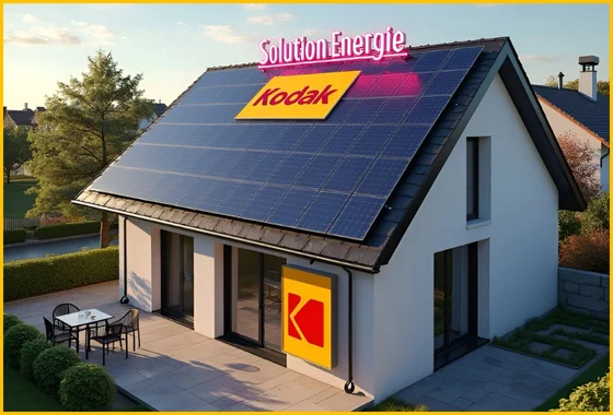 Magasin avec le panneau 'Kodak Solution Energie' et le logo Kodak, avec des panneaux solaires couvrant tout le toit