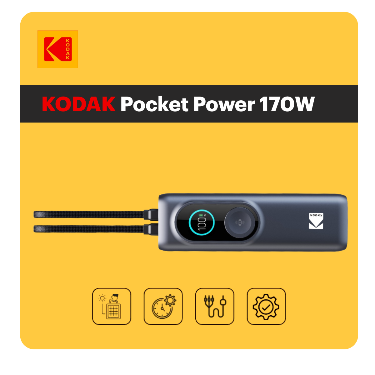 Station solaire portable Kodak Pocket Power 170W – batterie externe solaire compacte avec écran digital et câbles intégrés