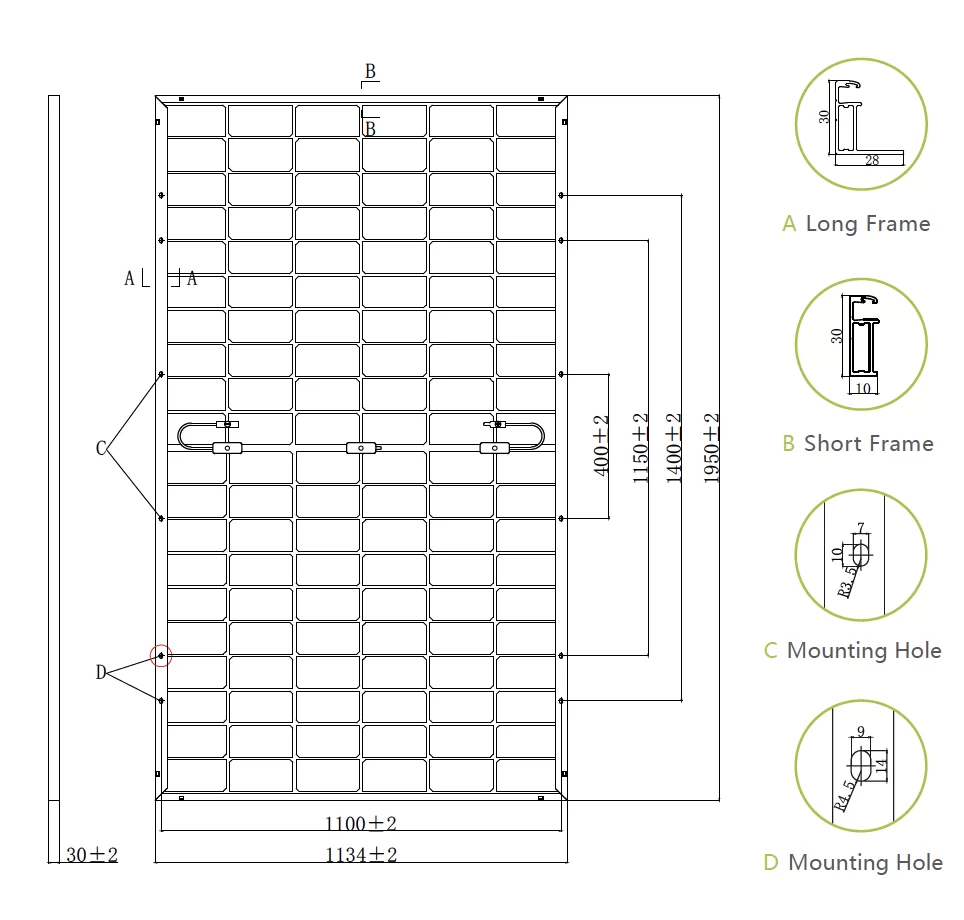 Illustration du panneau solaire TOPCON 500W avec cadre long, cadre court et trous de montage, ainsi que mesures en millimètres pour une installation précise.