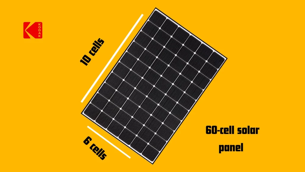 Panneau solaire 60 cellules avec ses dimensions indiquées sur un fond jaune.