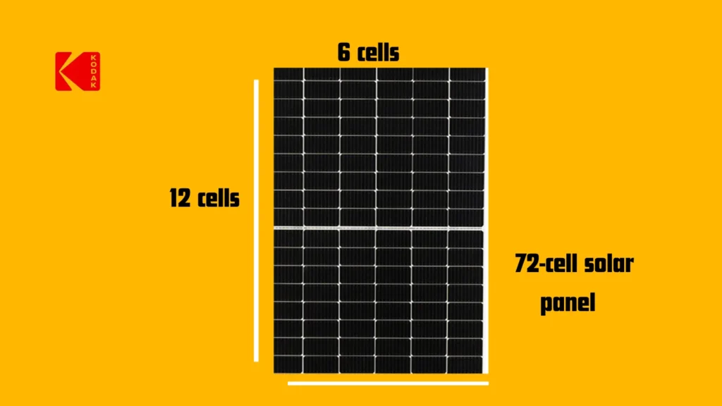 Panneau solaire 72 cellules avec ses dimensions indiquées sur un fond jaune.