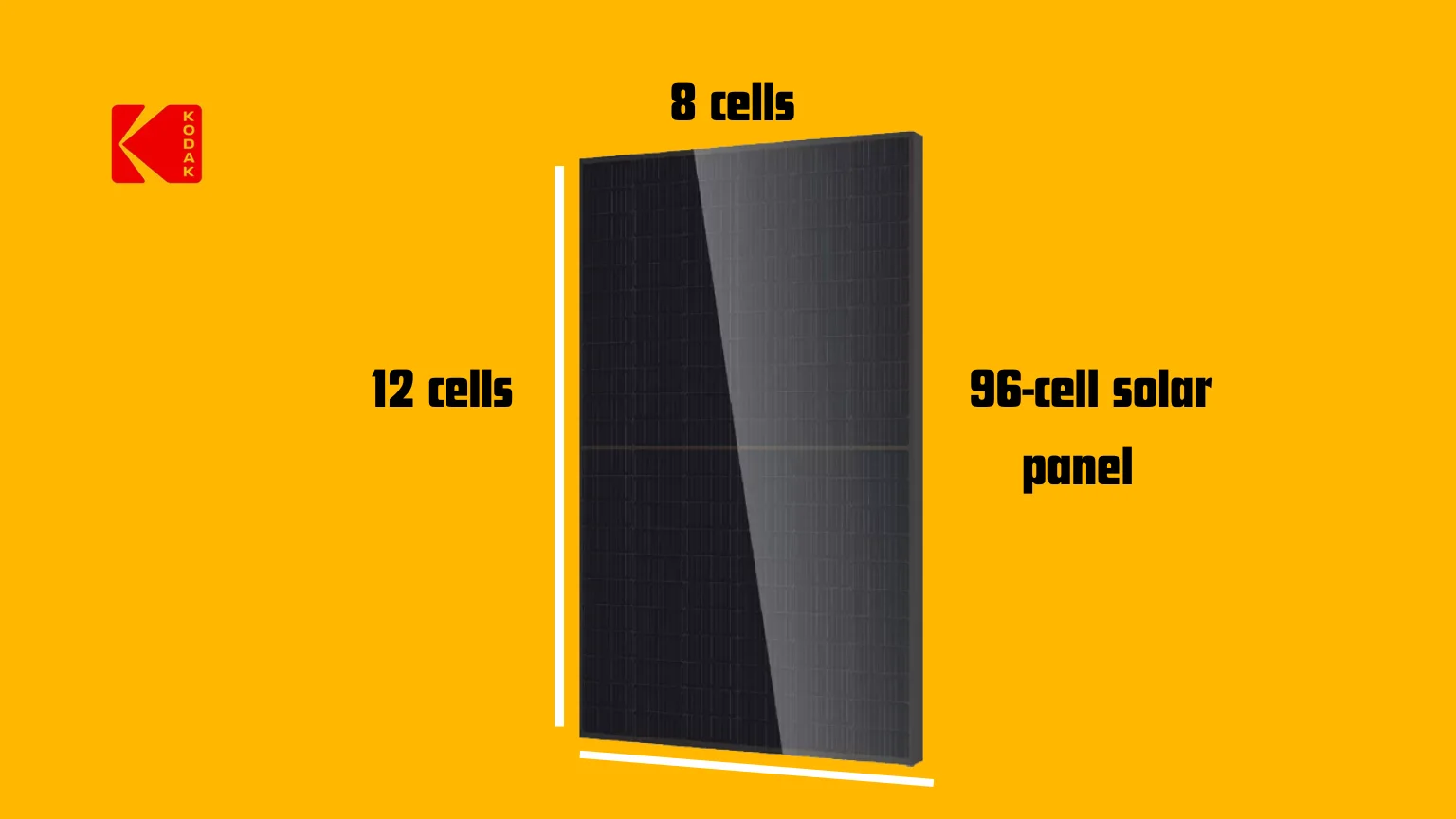 Panneau solaire 96 cellules avec ses dimensions indiquées sur un fond jaune.