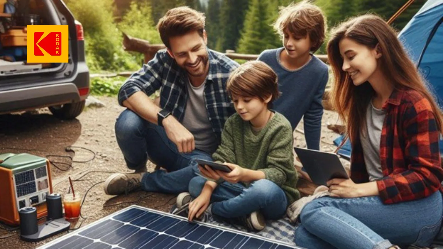 Une famille de quatre personnes installe un panneau solaire portable sur un camping.