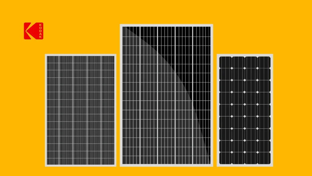 Trois panneaux solaires différents affichés sur un fond jaune.