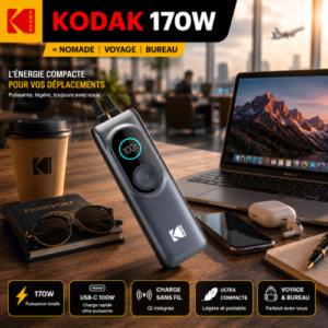 Batterie externe solaire 170W Kodak – Recharge ordinateur portable USB-C