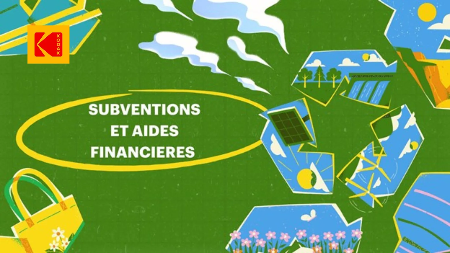 Illustration graphique solaire représentant l’écologie sur un fond vert.