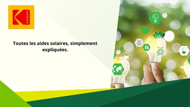 Illustration d’une carte de classe affaires avec des lignes jaunes et vertes en bas et une image représentant l’évaluation d’une entreprise de panneaux solaires.